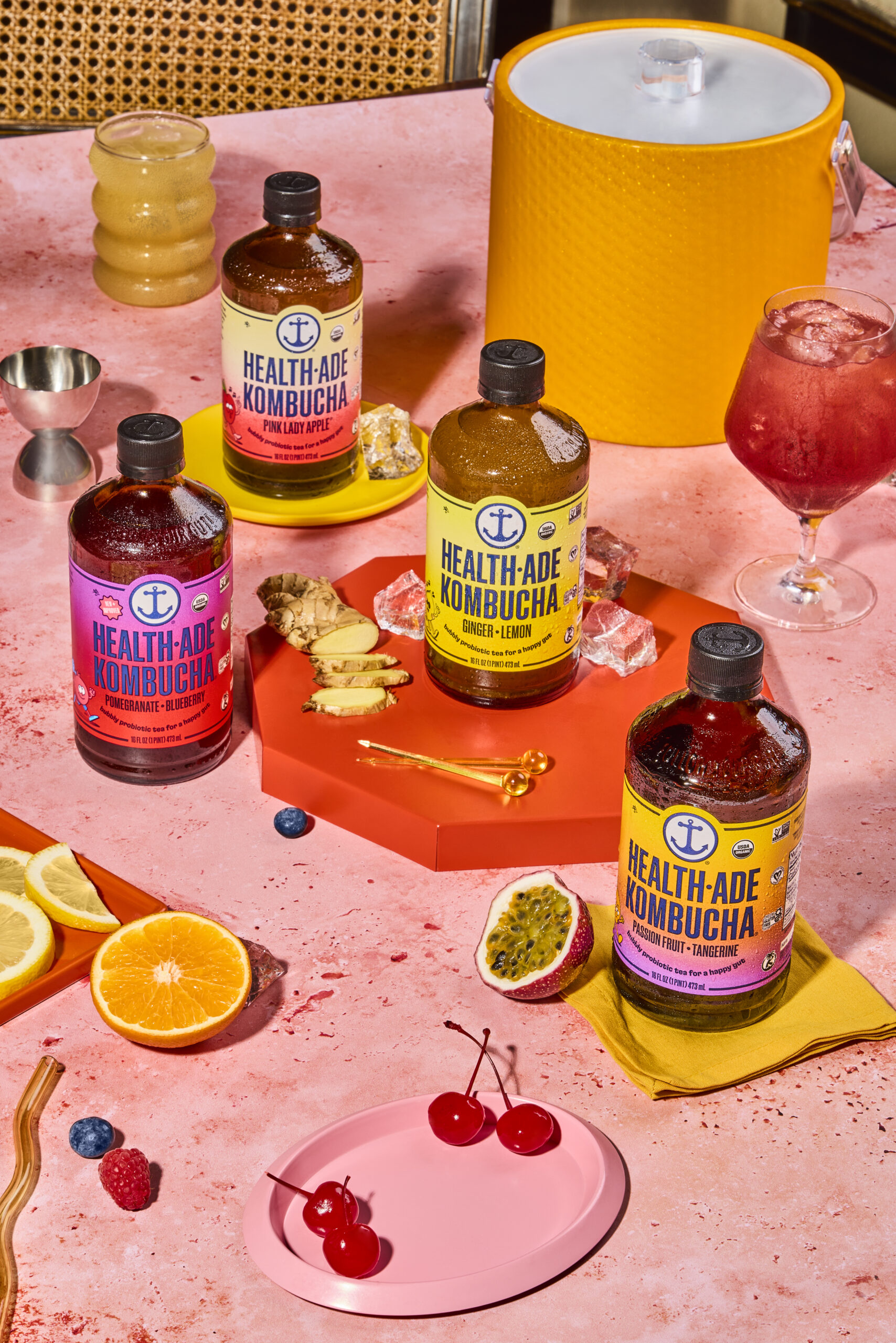 Health-Ade Kombucha bottles with cocktail styling