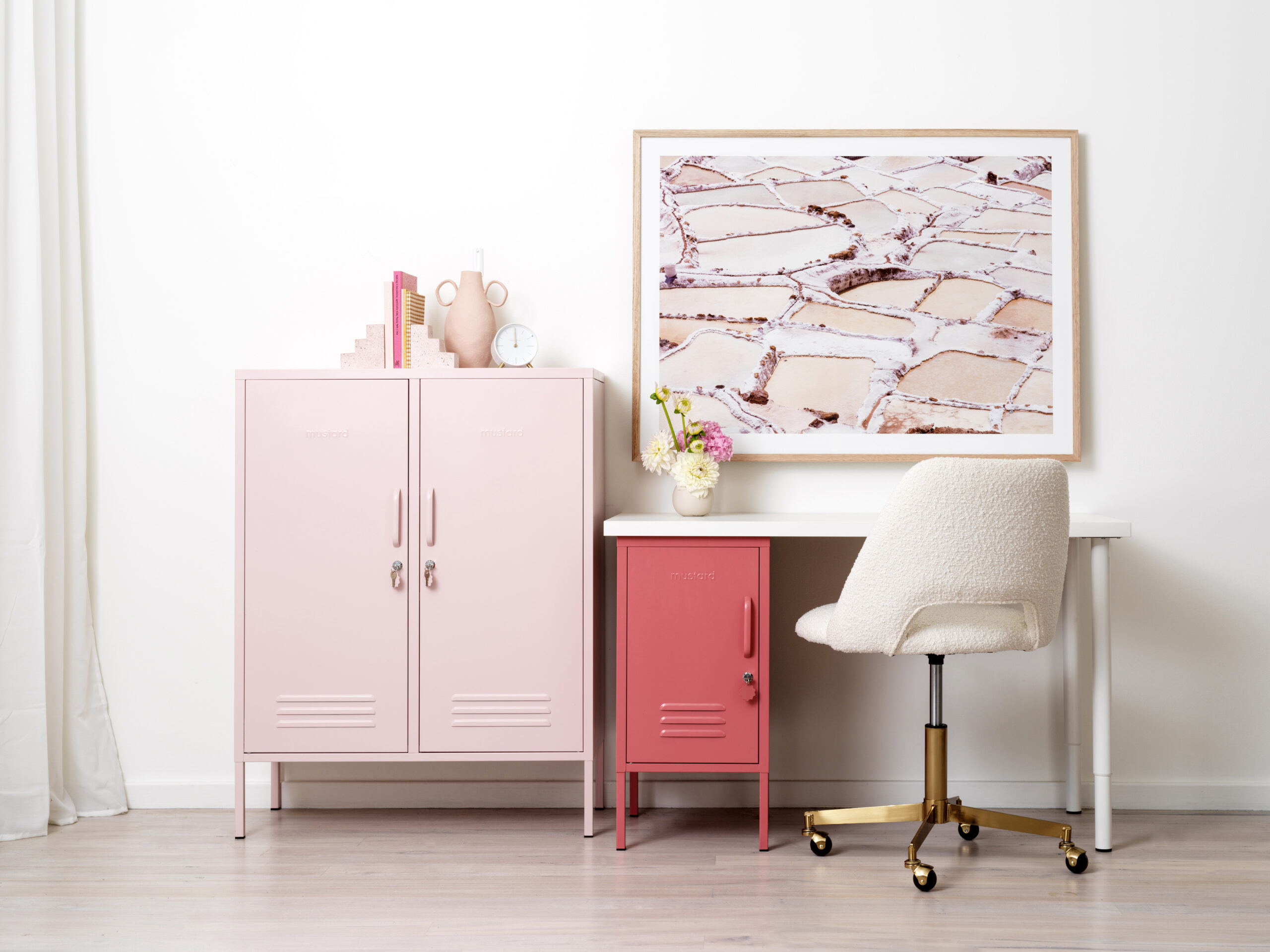 Mustard Made pink and coral lockers in styled office